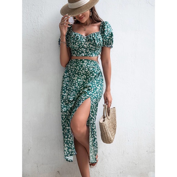 two piece skirt set: Floral Puff Sleeve Crop Top & Split Thigh midi Skirt green - Picture 3 of 5